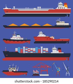 Sea ships flat icons. Cargo ships and tug boats. Delivery and shipping.