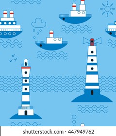 Sea, ships, lighthouses, seagulls, clouds and sun in white, blue, red, black a seamless pattern on a light blue background.