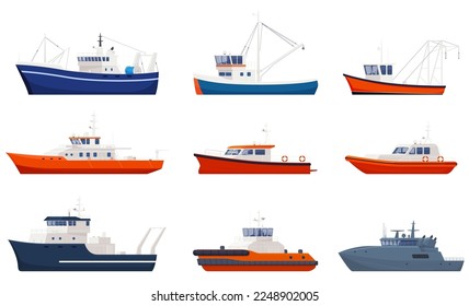 Sea ships. Professional boats for work at sea. Means of movement on water. Vector illustration