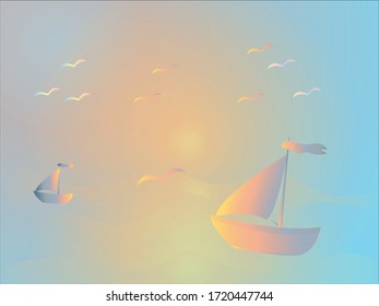 sea ships sailing at sunset - vector illustration, eps