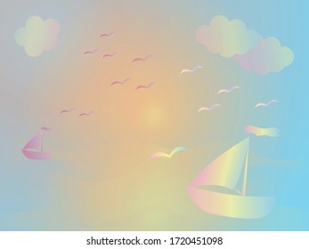 sea ships sailing at sunset - vector illustration, eps