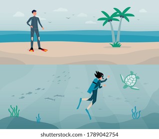 Sea shore background with scuba diving sportsmen diving deep and resting on coast bank. Underwater diving banner with cartoon characters flat vector illustration.