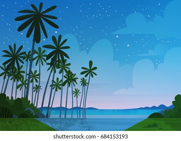 Sea Shore Beach After Sunset Beautiful Seaside Night Landscape Summer Vacation Concept Flat Vector Illustration