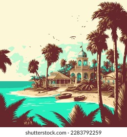 Sea Shore Beach Hotel Beautiful Seaside Landscape Summer Vacation. Vector Illustration