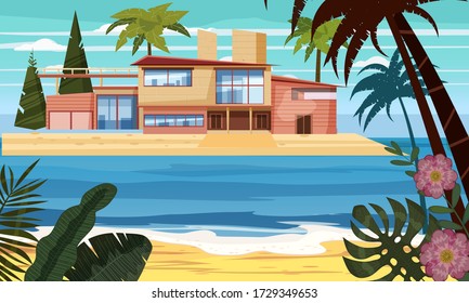 Strandstrand Luxus-Cottage-Villa für die Erholung mit Palmen und Pflanzen, Meer, Ozean. Moderne Architektur. Sonnige Sommerlandschaft Urlaub Urlaub am Meer. Vector Template Banner isolierte Abbildung