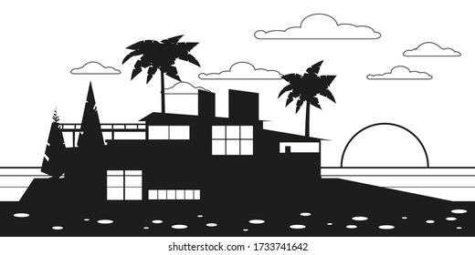 Strandstrand Luxus-Cottage-Villa für die Erholung mit Palmen und Pflanzen, Meer, Ozean. Moderne Architektur. Sonnige Sommerlandschaft Urlaub Urlaub am Meer. Linearschwarz-weißer Vorlagenbanner