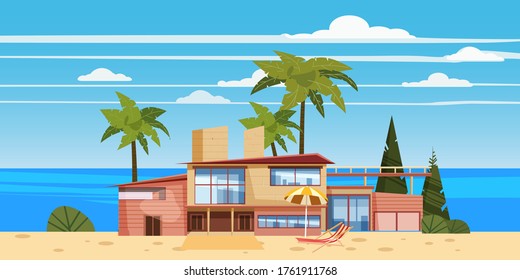 Strandstrand Luxus Cottage Villa für Erholung mit Palmen und Pflanzen, Meer, Ozean. Moderne Architektur. Sonnige Sommerlandschaft Urlaub Urlaub am Meer. Vektorgrafik-Vorlagenbanner, einzelne Illustration