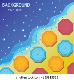 Sea shore and beach umbrellas. .Blue and yellow background of sea and sand in summer with the sea spray. Banner design, poster with beach umbrellas.