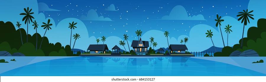 Sea Shore Beach With Villa Hotel Beautiful Seaside Landscape At Night Summer Vacation Concept Flat Vector Illustration