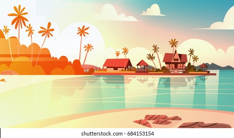 Sea Shore Beach With Villa Hotel Beautiful Sunset Seaside Landscape Summer Vacation Concept Flat Vector Illustration