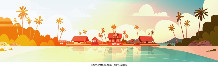 Mar Shore Beach Con Villa Hotel Hermoso Sunset Mar Paisaje Veraniego Concepto Vector Plano Ilustración