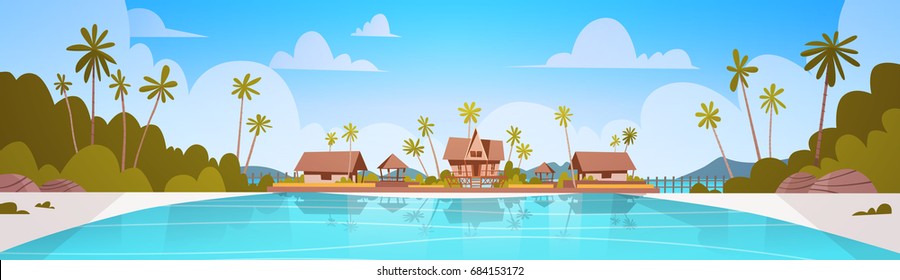 Sea Shore Beach With Villa Hotel Beautiful Seaside Landscape Summer Vacation Concept Flat Vector Illustration