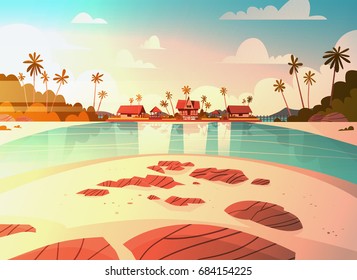 Sea Shore Beach With Villa Hotel Beautiful Sunset Seaside Landscape Summer Vacation Concept Flat Vector Illustration
