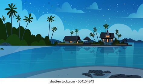 Sea Shore Beach With Villa Hotel Beautiful Seaside Landscape At Night Summer Vacation Concept Flat Vector Illustration