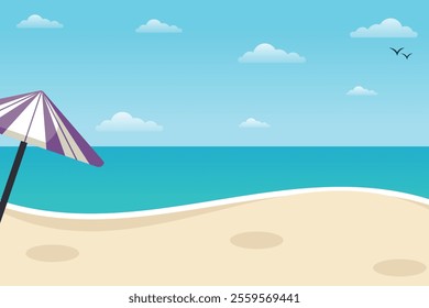 Sea shore in day light with beach sand and umbrella