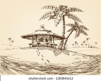 Sea shore landscape. Beach bar and palm trees drawing