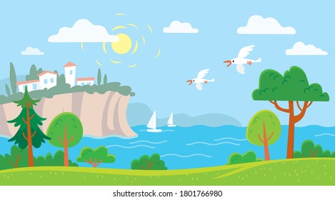 Sea shore landscape with harbor, sailboats, seagull and rocks. Cartoon panoramic view.