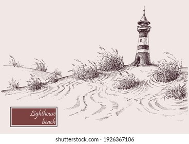 Sea Shore And Lighthouse Beach Vector Hand Drawing
