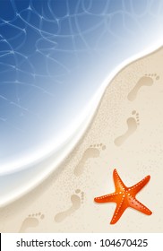 Sea shore with a red starfish on the sand