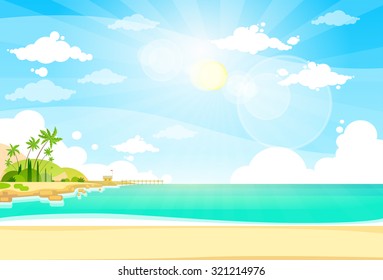 Mar Shore Areia Praia Verão Férias Céu Azul Sun Vector ilustração