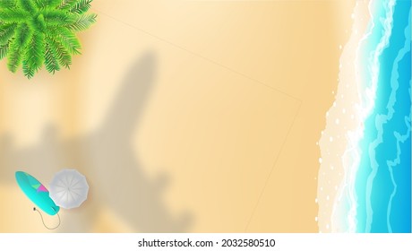 Sea shore and shadow of plane over beach. Vector background. Airplane shadow under resort beach