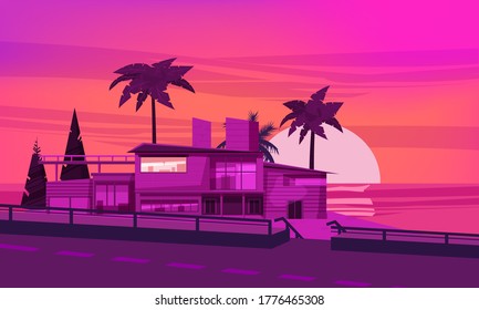 Sea shore sunset beach luxury cottage villa house for rest with palms and plants, sea, ocean. Modern architecture near the road. Sunny summer landscape day vacation seaside. Vector template banner