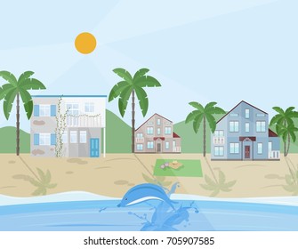 Sea shore village Vector illustration flat style