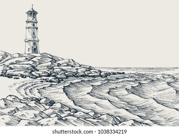 Sea shore and sea waves drawing. Side view of a rocky beach, lighthouse in the background