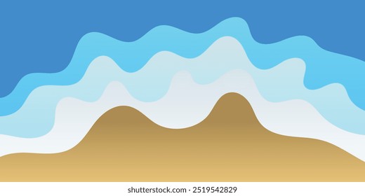 Las olas de la costa del mar y el papel de arena cortan el estilo colorido de la historieta de la vista superior del fondo