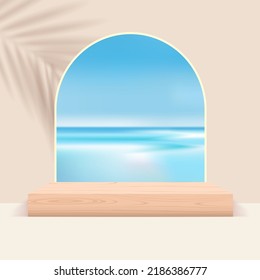 Mar, escaparate con ventanas y paisaje celeste 3d vectorial mockup con escenario de madera