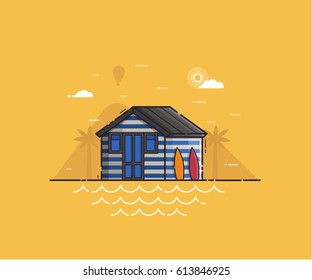 Sea side landscape with blue striped beach hut and surfboards. Summer bath house on seaside background in flat design. Summertime vacation or surfing travel concept vector illustration.