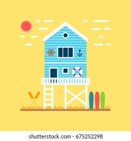 sea side landscape with waves, sunrise and clouds. cute blue striped house on the beach for rent sport equipment with sea attributes: anchor, lifebuoy, ship's wheel. surfboards and peddles. flat style