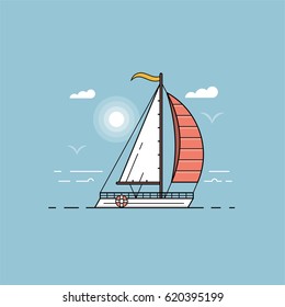 Sea side landscape with white boat. Sea transportation ship in blue ocean vector illustration. Marine sail on seaside background in flat design. Summer travel concept.