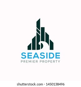 Sea side logo. This logo incorporate with sea wave and building in creative way. it will be suitable for real estate and property service.