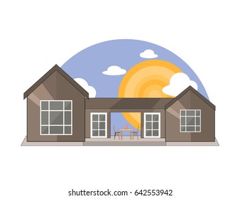Sea Side, Mountain Side Summer Landscape With House, Table and Chairs, Shiny sun and Clouds  in Flat Design. Vector Illustration.