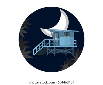 Sea Side Night Landscape With Lifeguard House on a Beach and Moon in Flat Design. Vector Illustration.