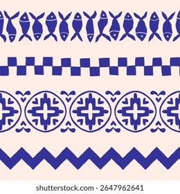 Sea side seamless border set. Cute hand-drawn vector sardines, checkers, tiles, chevron. Grungy geometric ornaments with retro beach vibes. Perfect for postcards, posters, prints, and decoration.