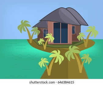 Sea Side Summer Landscape With House and Palm trees  in Flat Design. Vector Illustration.