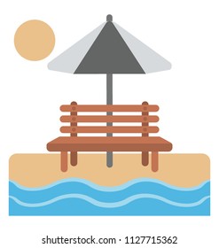 Sea sight representation in an icon via bench, umbrella and sunshine on a sea shore