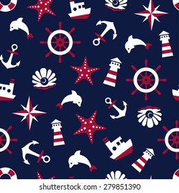Sea signs on a blue background seamless pattern. Vector illustration