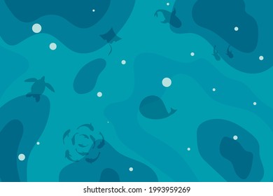 sea with the silhouette of marine inhabitants. Deep blue marine life. Vector illustration.