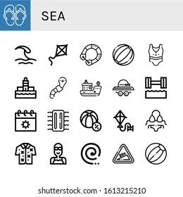 sea simple icons set. Contains such icons as Sandal, Wave, Kite, Life saver, Beach ball, Swimsuit, Lighthouse, Worm, Ship, Pamela hat, Hydrotherapy, can be used for web, mobile and logo