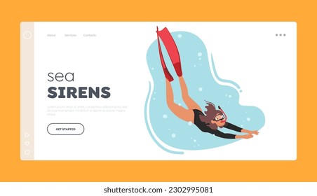 Sea Sirens Landing Page Template. Swimmer Female Character Dives Into The Water With Grace And Precision. Young Athletic Woman Plunges Into The Water With Agility. Cartoon People Vector Illustration