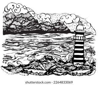 Sea sketch with elements and lighthouse. Hand drawn illustration converted to vector. Sea life vector hand drawn doodles. Black outline hand-drawn artwork. Whale, mermaid style.