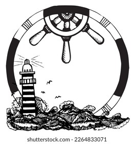Sea sketch with elements and lighthouse. Hand drawn illustration converted to vector. Sea life vector hand drawn doodles. Black outline hand-drawn artwork. Whale, mermaid style.