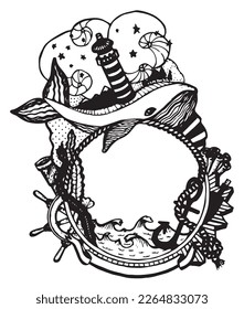 Sea sketch with elements and lighthouse. Hand drawn illustration converted to vector. Sea life vector hand drawn doodles. Black outline hand-drawn artwork. Whale, mermaid style.