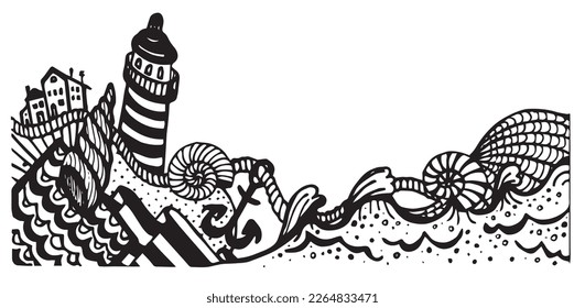 Sea sketch with elements and lighthouse. Hand drawn illustration converted to vector. Sea life vector hand drawn doodles. Black outline hand-drawn artwork. Whale, mermaid style.