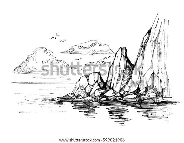 Sea Sketch Rocks Cloudshand Drawn Illustration Stock Vector Royalty Free