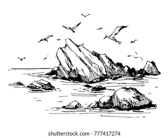 Sea sketch with rocks and gulls. Hand drawn illustration converted to vector