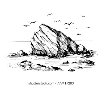 Sea sketch with rocks and gulls. Hand drawn illustration converted to vector